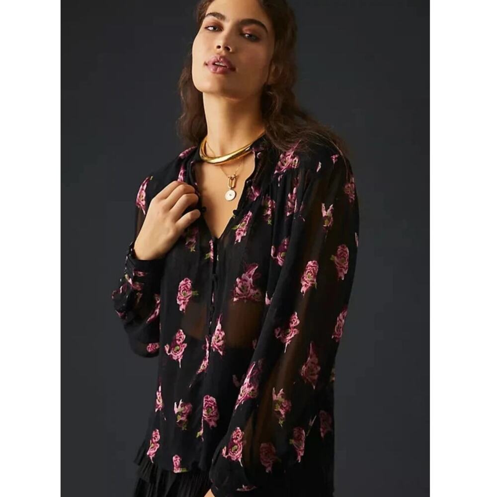 By Anthropologie Sheer Floral Button Front Blouse Long Sleeve Black Pink Size XS